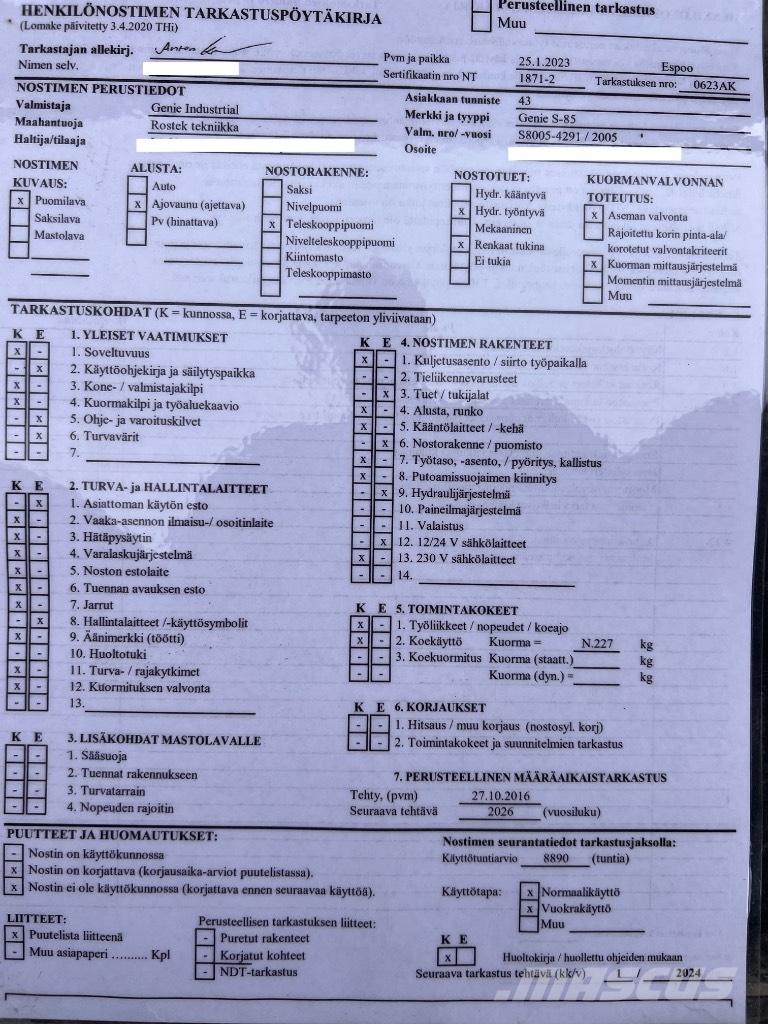 Genie S 85 Plataformas con brazo de elevación manual