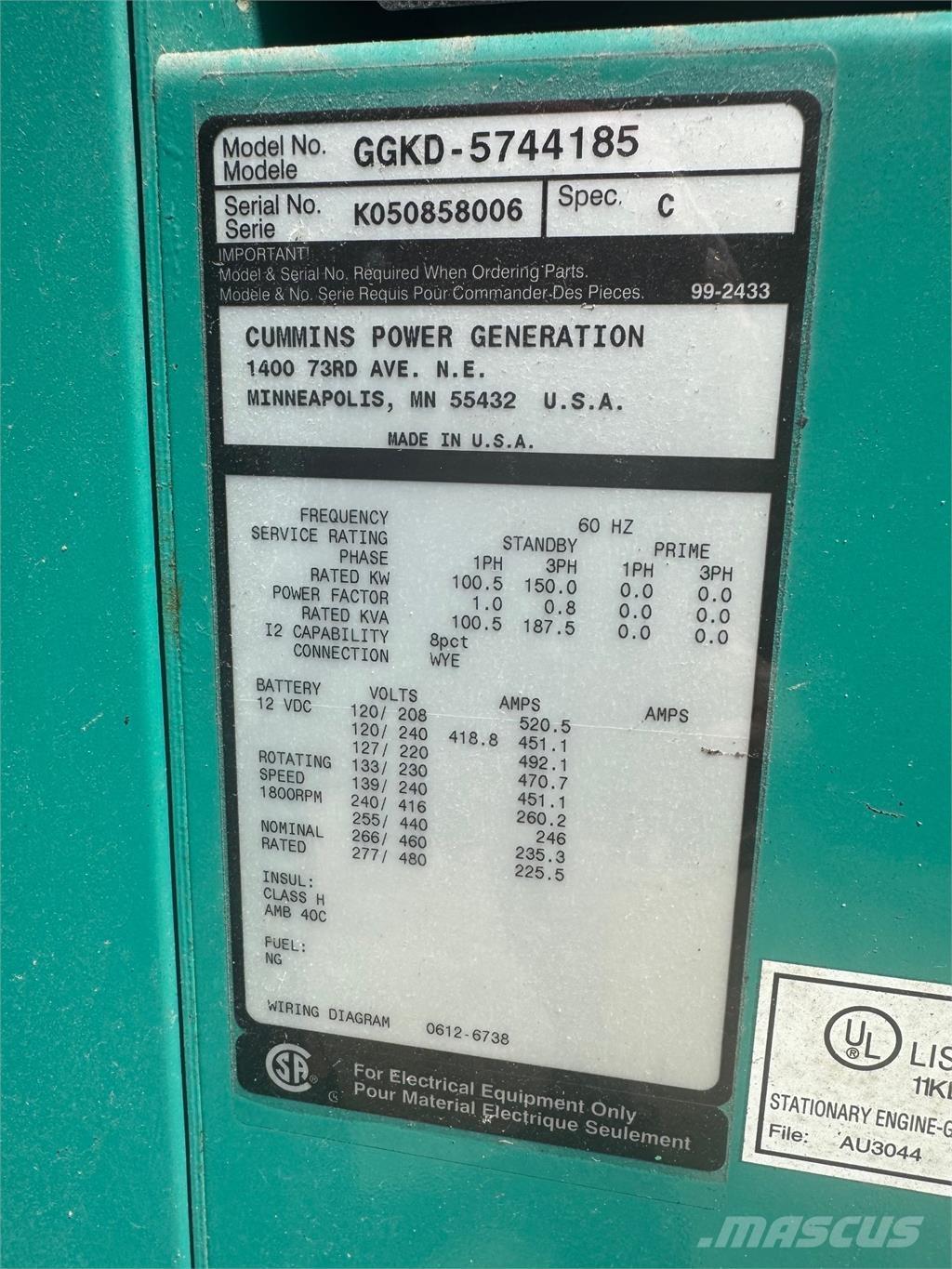 Cummins 150kW Generadores de gas